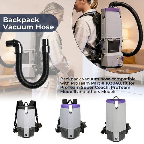 Static Dissipating Backpack Vacuum Hose With One And A Half Inch Cuffs Fits ProTeam Super Coach Mode 6 And Other Models Replacement Stretchable Durable For Dust Collection On Miter Saw And General Shop Vac Use, shown attached to a ProTeam backpack vacuum cleaner.