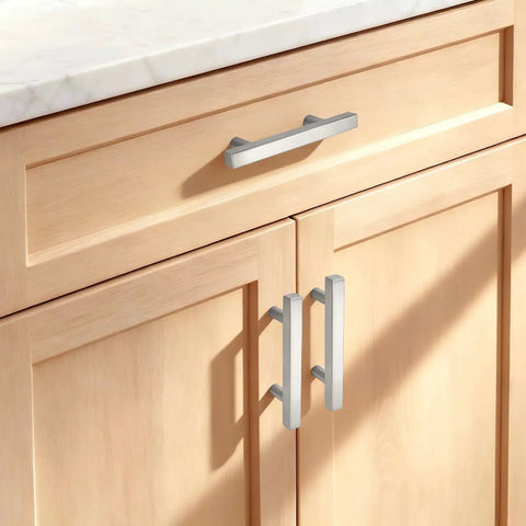 Pack of 10 Satin Nickel Stainless Steel Cabinet Handles with 76mm Hole Centers 127mm Overall Length 5 Inch Square T Bar Drawer Pulls installed