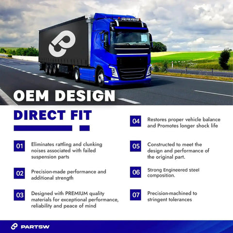 Blue truck on highway with text highlighting OEM design benefits for 16 Piece Front And Rear Suspension Kit With Upper Control Arm.