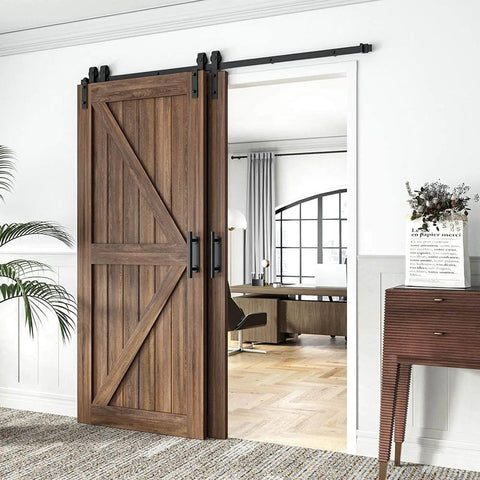 Heavy Duty Sliding Barn Door Kit For 150-400 Cm Openings installed in living room, wood grain finish, bypass hardware, flat track.