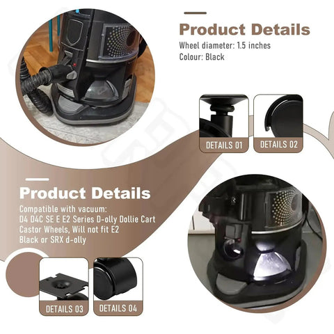 40 Mm Wheel And Plate Assembly For Vacuum D4 D4C SE E E2 Series Dollie Cart Castor Wheels showing details and compatibility.