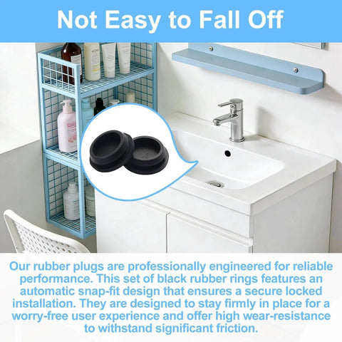 Close-up of two black silicone plugs from the 125 Piece Silicone Rubber Hole Plugs Kit in a bathroom context, highlighting snap-fit design.