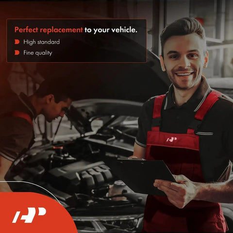 Mechanic smiling with clipboard in car repair shop, hood open, engine visible in background, car maintenance environment.
