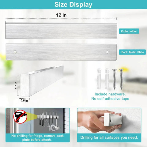 Heavy Duty Magnetic Knife Strip Wall Mount Holder For Fridge And RV Kitchens with included hardware and installation guide