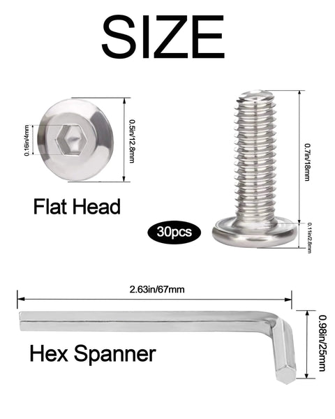 M6 X 18mm Flat Head Hex Socket Cap Screws Bolts, 304 Stainless Steel, Full Machine Thread Coverage, 30 Pieces, with Hex Spanner