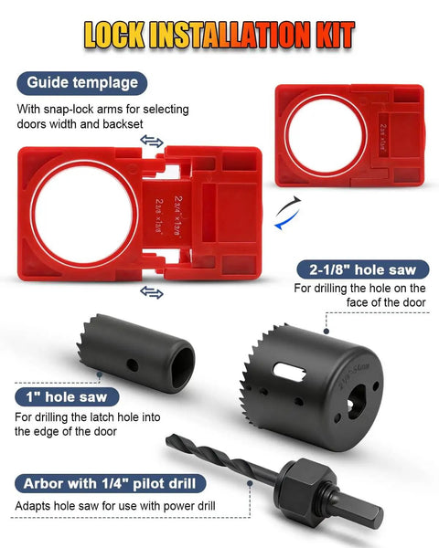 DIY Friendly Door Hinge Jig With Lock And Latch Installation Kit showing guide template, hole saws, and arbor components.