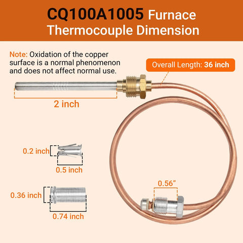 CQ100A1005 furnace thermocouple with copper tube and brass adapter, 36-inch overall length