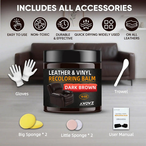 Dark Brown Leather Recoloring Balm for Scratch Repair and Color Restore, 10 Oz with gloves, sponges, trowel and manual.