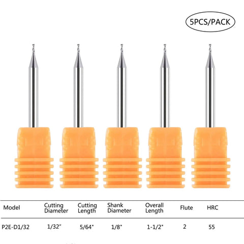 Five Piece Flat Nose Double Flute Carbide End Mills Set for CNC Router Bits With One Eighth Inch Shank And One Thirty Second Inch Cutting Diameter TiAlN Coated HRC 55 For Carbon Steel Die Steel Cast Iron And Wood
