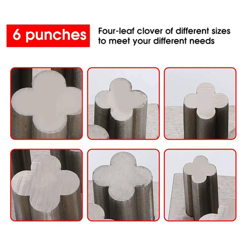 Six Punch Four Leaf Clover Die Set with varying steel punches for jewelry making, showing precision cutouts for DIY metal crafting.