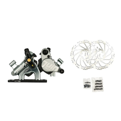 Juin F1 hybrid hydraulic disc brake caliper kit, silver/black, includes two 160mm rotors and mounting hardware