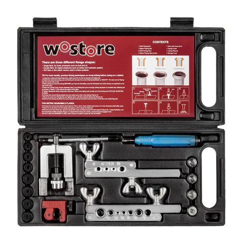 Brake Line Flare Kit for SAE Flares with Tubing Cutter and Pipe Reamer 7 Sizes in black case with tools visible