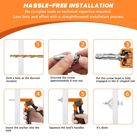 Instruction steps for Molly Bolts Drywall And Plaster Walls Kit With 32 Pieces In 8 Sizes Includes Screws And Molly Bolts Setting Tool