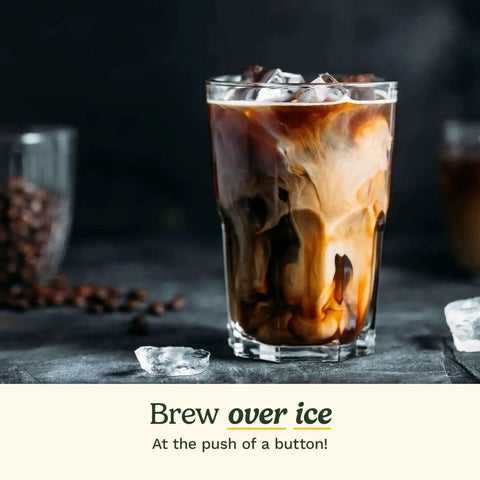 Glass of iced coffee showcasing "Brew over ice" feature of 14 Cup PerfecTemp Programmable Coffee Maker With Glass Carafe.