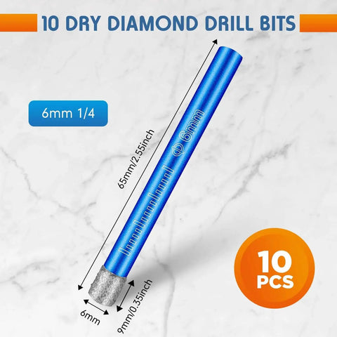 Dry Diamond Drill Bits Set 10 Pieces One Quarter Inch Six Millimeter Hole Saw Kit For Granite Marble Porcelain Tile Ceramic Stone Glass Hard Materials Round Shank Great For Drilling Clean Holes In Tiles And Glass product image showing one bit with dimensions.