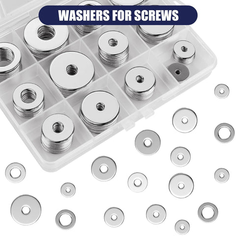 Flat washers set, 100-piece stainless steel, in clear organizer, 12 sizes (M3-M12) for screws and bolts.