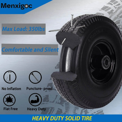 Heavy Duty 10 Inch Flat Free Tire And Wheel Set For Hand Trucks Garden Wagons Carts And Dollies, side view showing tread and puncture-proof design.