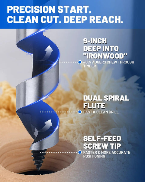 Close-up of long 12 inch auger drill bit set for wood with self feeding screw tip in use, showcasing spiral flute and clean drilling.