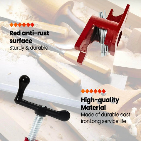 Heavy Duty 4 Pack 3/4 Inch Pipe Clamps With Foot Design For Woodworking, Gluing And Assembly, Cast Iron Fixture Set Built For Woodworking, Carpentry, Home Improvement, And DIY Projects in close-up view showing anti-rust surface and high-quality material.