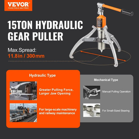 15 Ton Hydraulic Gear Puller With 12in Jaws For Bearing Removal Case Included, front view with specifications.