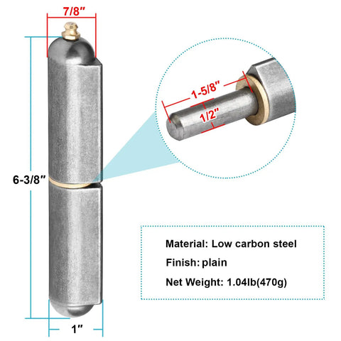 Four Pack Weld On Bullet Hinges With Grease Zerk Heavy Duty Lift Off Barrel Hinges For Metal Gates Trailers And BBQ Smokers Six And Three Eighths Inch Long By Seven Eighths Inch Diameter Pin Half Inch 550 Lbs Per Pair Low Carbon Steel Silver MOUNTAIN_ARK displayed in detailed specifications