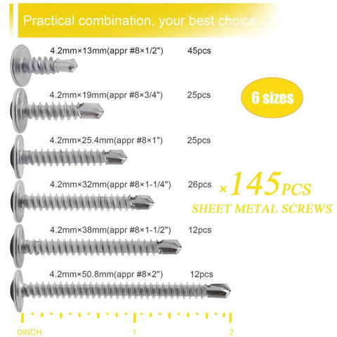 Heavy Duty Sheet Metal Screws Assortment Kit With Self Tapping And Self Drilling, 145 Pieces, chart of 6 sizes from 1/2 to 2 inches