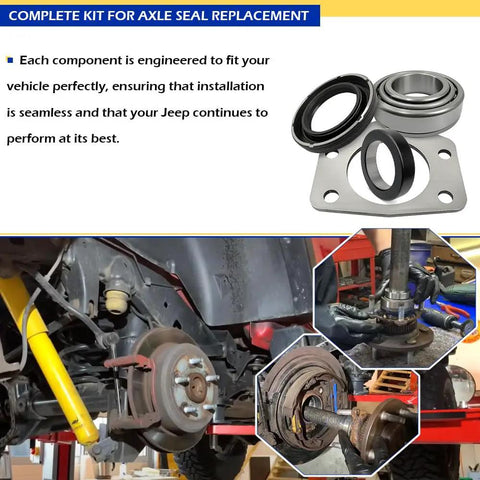 2 Piece Axle Bearing And Seal Kit With Drum Brake For Jeep Wrangler Wagoneer CJ TJ XJ J10 Dana 44 Rear 1997 Through 2006 Replacement OEM Style Premium Aftermarket Parts displayed with installation diagrams.