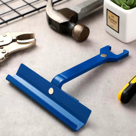 6 Inch Magnetic TDC And TDF Cleat Tool For HVAC duct and sheet metal on workbench with tools, blue stainless steel design
