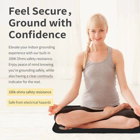 Person sitting on grounding mat, promoting Grounding Mats 24x16 Inches 2 Pack For Grounding Therapy And Sleep Support, safety resistance feature.
