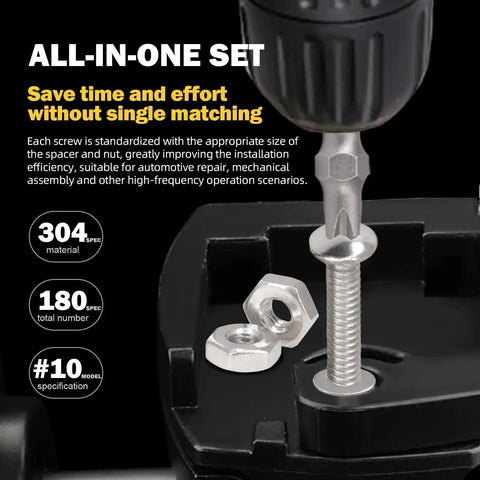 Close-up of Ultimate 180-Piece Stainless Steel Bolt and Screw Combo Kit showing #10 Phillips round head screw with nut and washer.