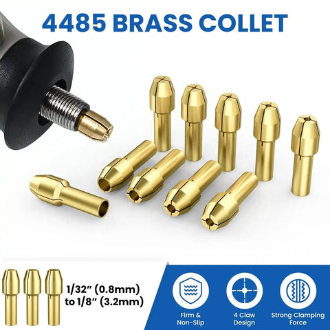 Dremel Compatible Pro Grade Drill Chuck Collet Set, 16 Piece Replacement Kit With Brass Collets and Keyless Chuck in close-up view.