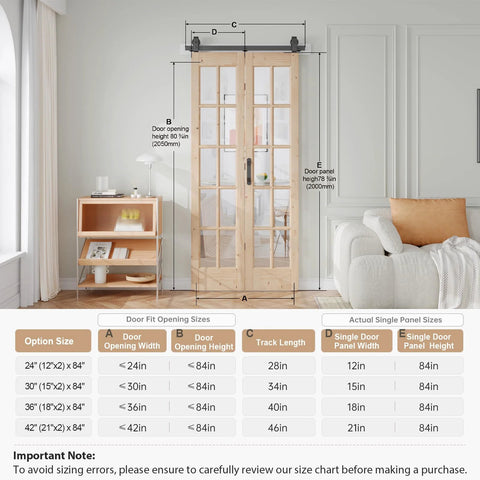 Double 18x84 Inch Bifold French Glass Door Kit With 3.3 Ft Hardware Track Preassembled installed in a modern room.