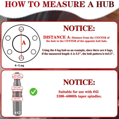 Diagram showing how to measure a heavy duty trailer hub kit 6 on 5.5 inch for 5200 to 6000 lbs trailers, 6 lug bolt pattern.