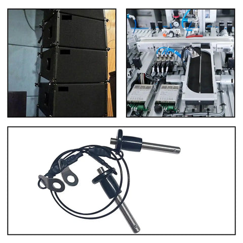 Two Pack 304 Stainless Steel Ball Locking Pins With Quick Release Push Button And 24 Cm Lanyard Cable shown with machinery applications