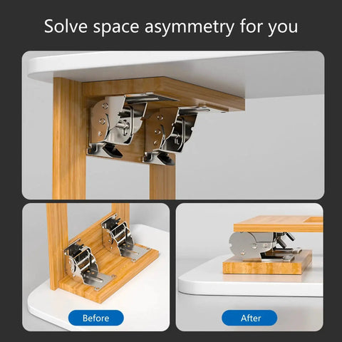 Industrial Locking Hinges 180 Degree Foldable Leg Brackets installed on a table leg, demonstrating before and after installation