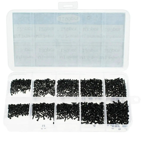 Carbon Steel Precision Screw Set with Phillips round head miniature self tapping screws M1 to M1.7 in a clear case