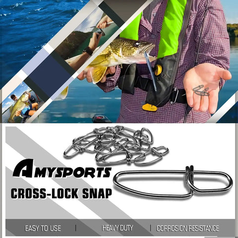AMYSPORTS fishing snap kit with angler holding lure using stainless steel quick fishing snap kit power clips for lures swivels.