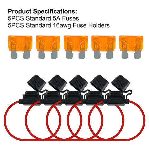 5 Pack Inline Fuse Holders With 16 AWG Waterproof Design And 5A ATC ATO Blade Fuses displayed with fuses and holders.