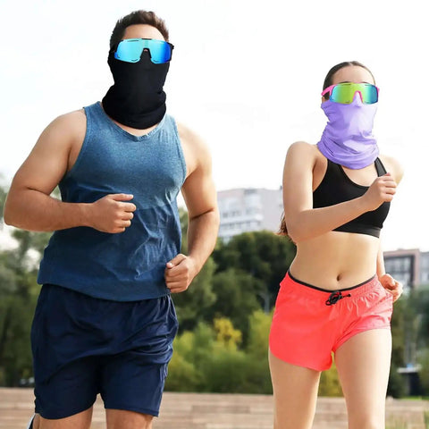 Two people running outdoors wearing 24 Piece Polarized Sports Sunglasses And Breathable Neck Gaiter Face Mask Set For Men Women Your Best Go To Outdoor Gear For Hiking Cycling Running Fishing Driving.