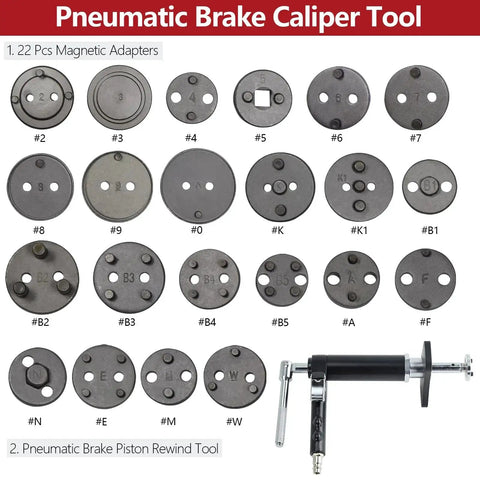 Front view of Thsakzo 22-piece pneumatic brake caliper tool kit with round magnetic adapters and air pump handle