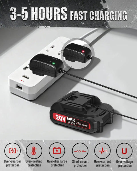 Brushless 20V Cordless Drill Driver Kit With 2.0Ah Battery And Charger showing fast charging feature with power socket