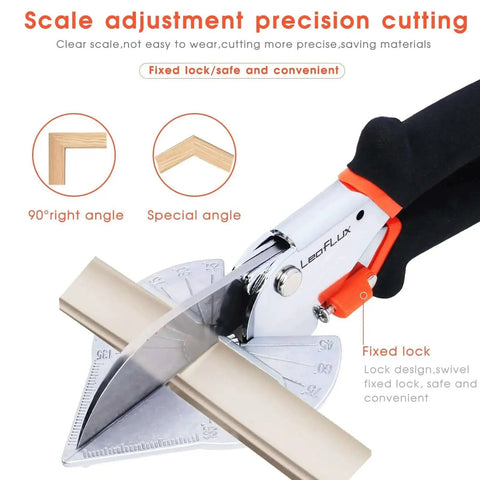 Adjustable 45 To 135 Degree Miter Shears For Wood Trim And Molding, showing blade on a piece of trim, by LeafLux LFXP3101S.