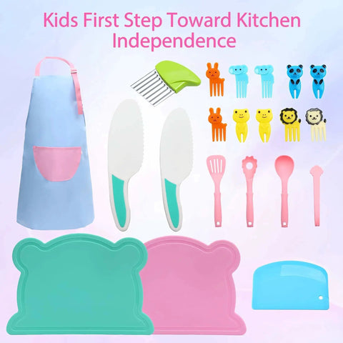 Kids Knife Set For Real Cooking 21 Piece Toddler Kitchen Kit With Kid Friendly Knives Cutting Boards Crinkle Cutter Cake Scrapers Apron And Forks All In One Starter Gear For Little Chefs To Learn Real Cooking