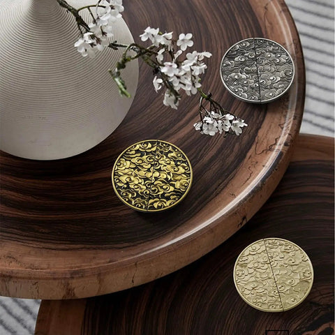 Two Pack Half Moon Cabinet Pulls Chinese Style Handle Antique Zinc Alloy Gold Finish on decorative wooden platter