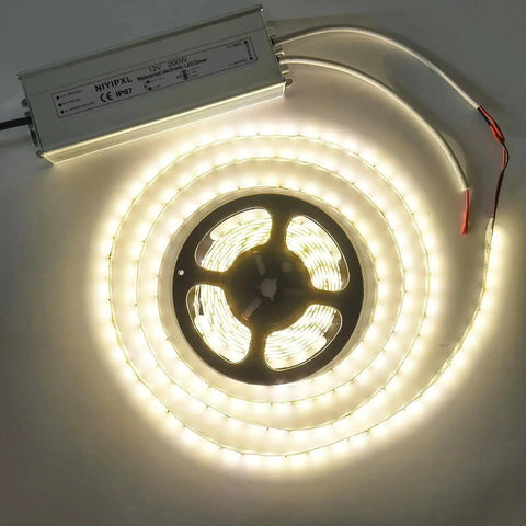 Heavy Duty 200W IP67 Waterproof LED Power Supply with LED strip light, 90V to 130V AC to 12V DC transformer, outdoor ready.