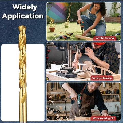 Collage of 2mm Drill Bit Set M2 High Speed Steel TiN Coated 6 Piece Twist Drill Bits with images of DIY applications.