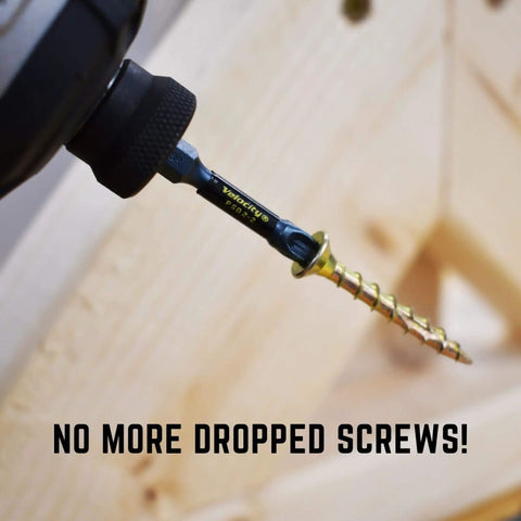 Close-up of drill with screw from Interior Wood Screws Assortment Kit With Seven Sizes, Stick Tight Technology, Zinc Plated Carbon Steel.