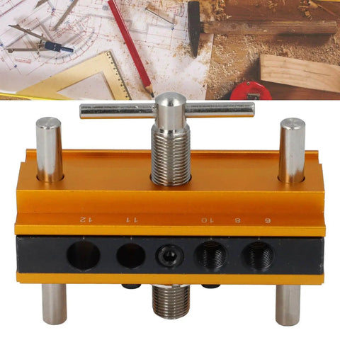 Self Centering Doweling Jig Kit Metric Adjustable Width Drilling Guide With Six Bushings for Straight Holes, gold finish