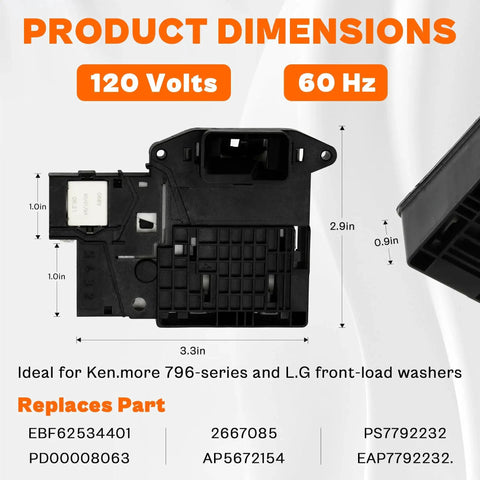 Washer door lock switch assembly for LG front-load and Ken-more 796-series washers; black plastic