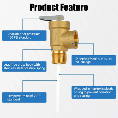 All-brass 3/4 NPT temperature and pressure relief valve with extension probe and lever, 210°F, 150 PSI